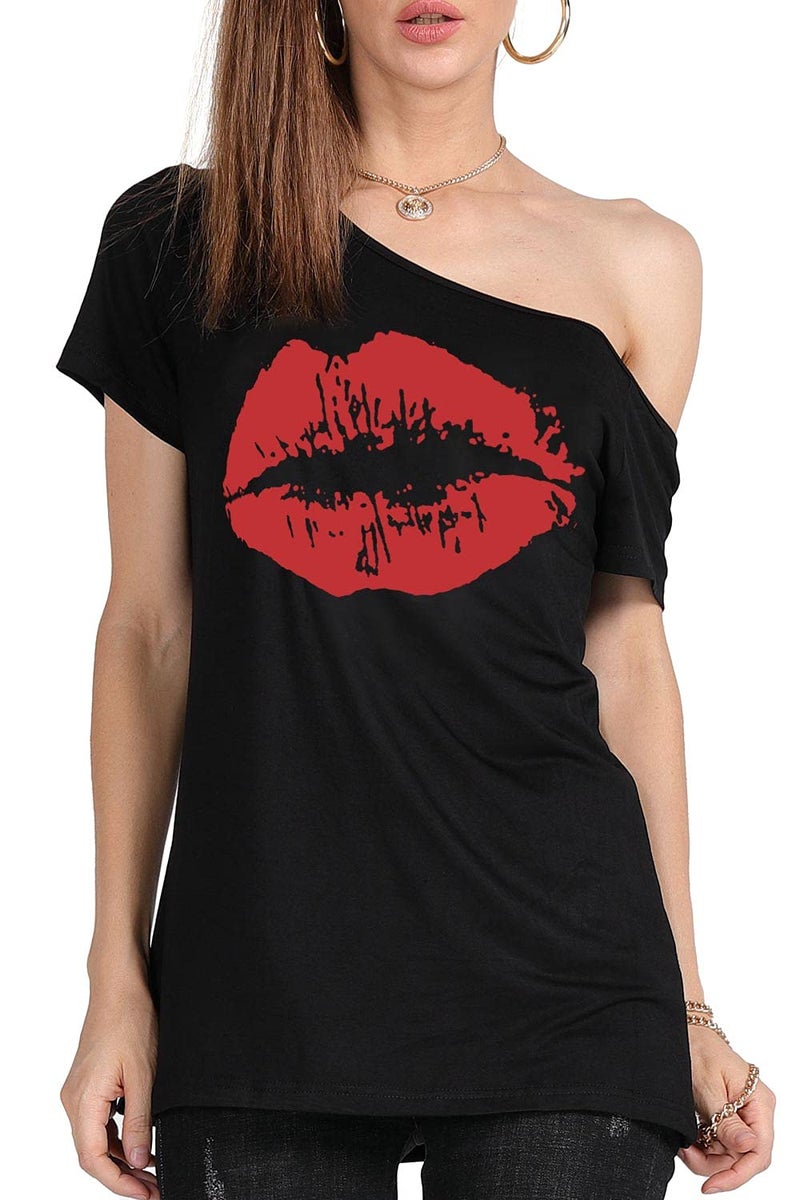 MAGICMK Womanâ€™s Off The Shoulder Lips Top Print Short Sleeve Cotton Sexy Fashion T-Shirt (L, Black+Red1) - Image 2